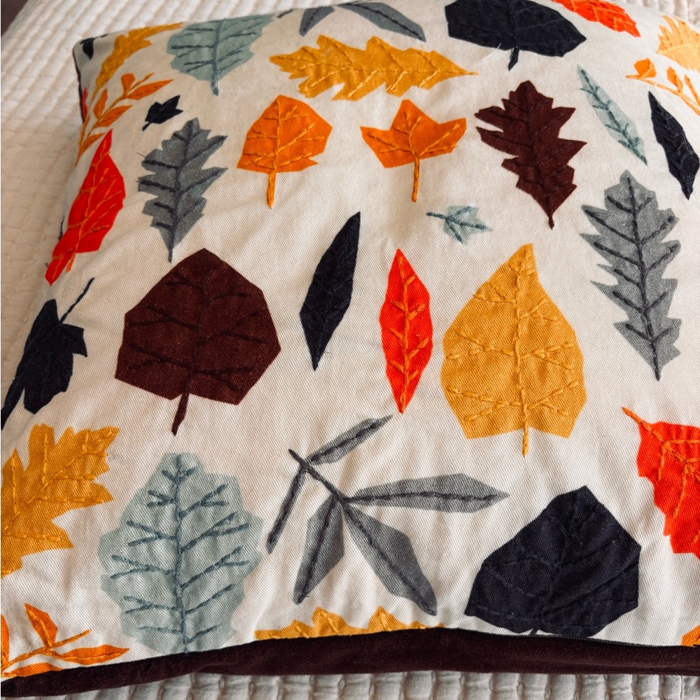 Crate&Barrel Multicolor Leaf Accent Pillow - Yellow, Blue, Cream
